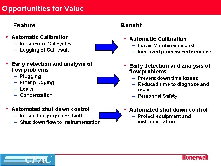 Opportunities for Value Feature • Automatic Calibration – Initiation of Cal cycles – Logging