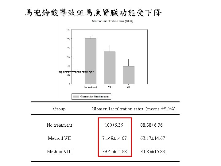 馬兜鈴酸導致斑馬魚腎臟功能受下降 Group Glomerular filtration rates (means ±SD%) No treatment 馬兜鈴酸導致斑馬魚腎臟功能受下降 Group Glomerular filtration rates (means ±SD%) No treatment
