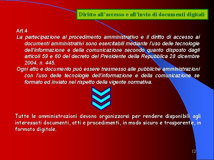 Diritto all’accesso e all’invio di documenti digitali Art. 4 La partecipazione al procedimento amministrativo