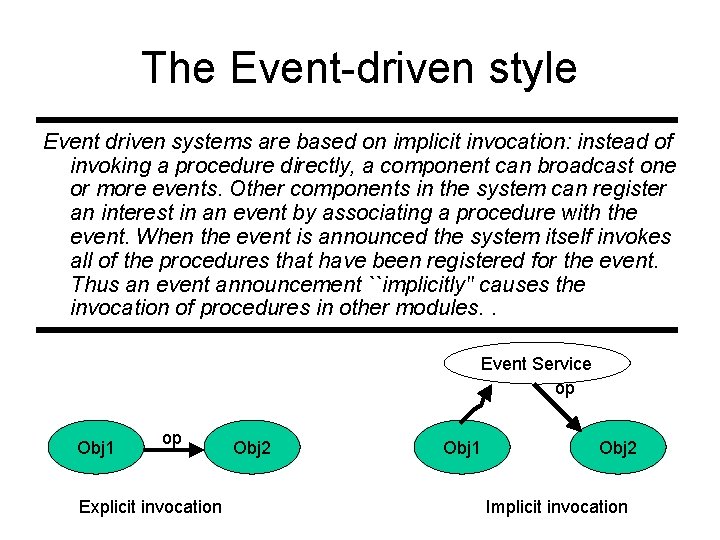 The Event-driven style Event driven systems are based on implicit invocation: instead of invoking