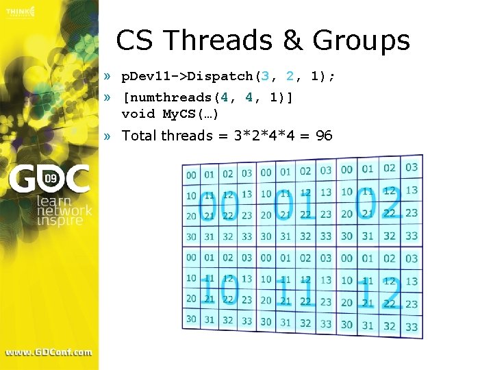 CS Threads & Groups » p. Dev 11 ->Dispatch(3, 2, 1); » [numthreads(4, 4,