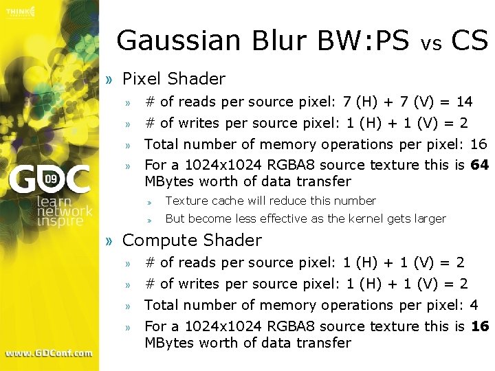 Gaussian Blur BW: PS vs CS » Pixel Shader » # of reads per