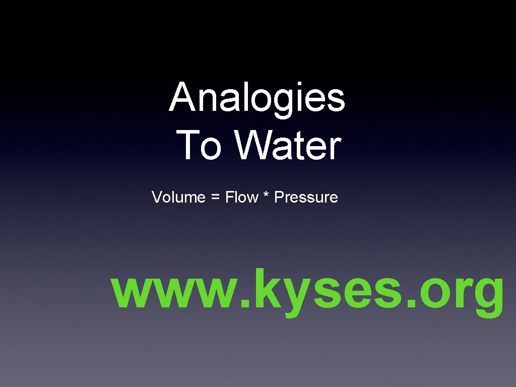 Analogies To Water Volume = Flow * Pressure www. kyses. org 