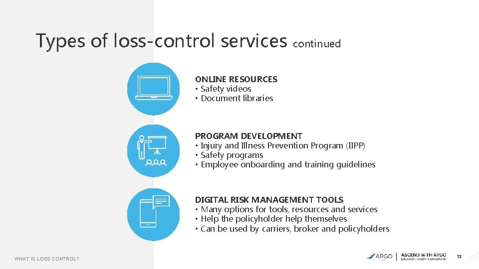 Types of loss-control services continued ONLINE RESOURCES • Safety videos • Document libraries PROGRAM