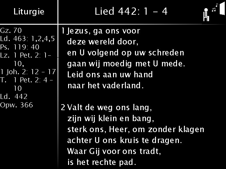 Liturgie Lied 442: 1 - 4 70 1 Jezus, ga ons voor 463: 1,