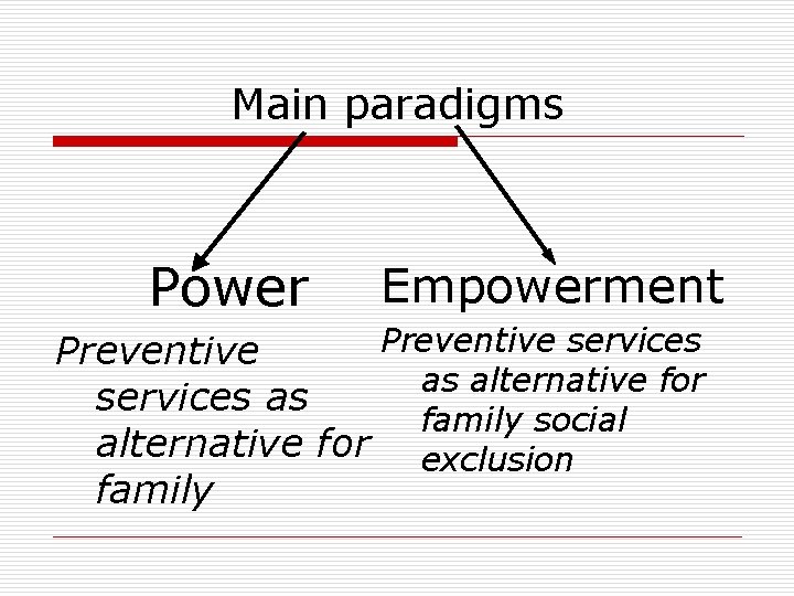 Main paradigms Power Empowerment Preventive services Preventive as alternative for services as family social Main paradigms Power Empowerment Preventive services Preventive as alternative for services as family social