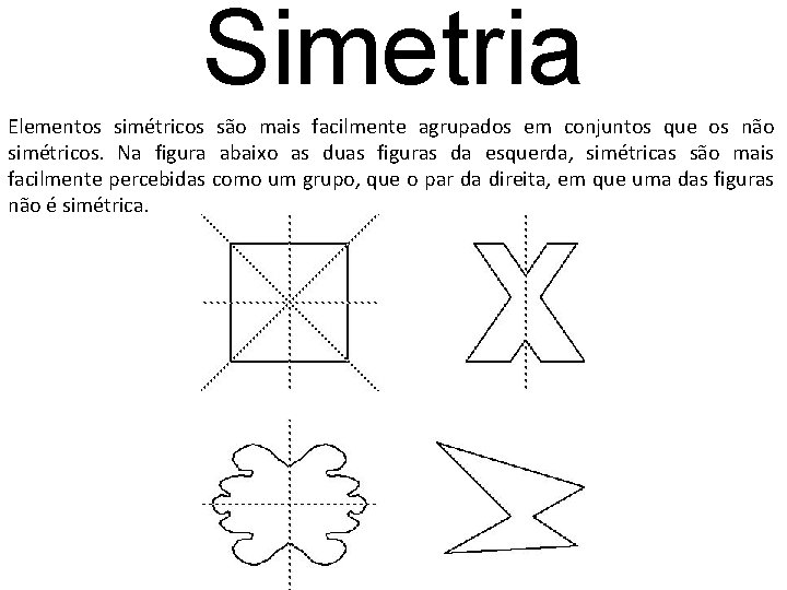 Simetria Elementos simétricos são mais facilmente agrupados em conjuntos que os não simétricos. Na