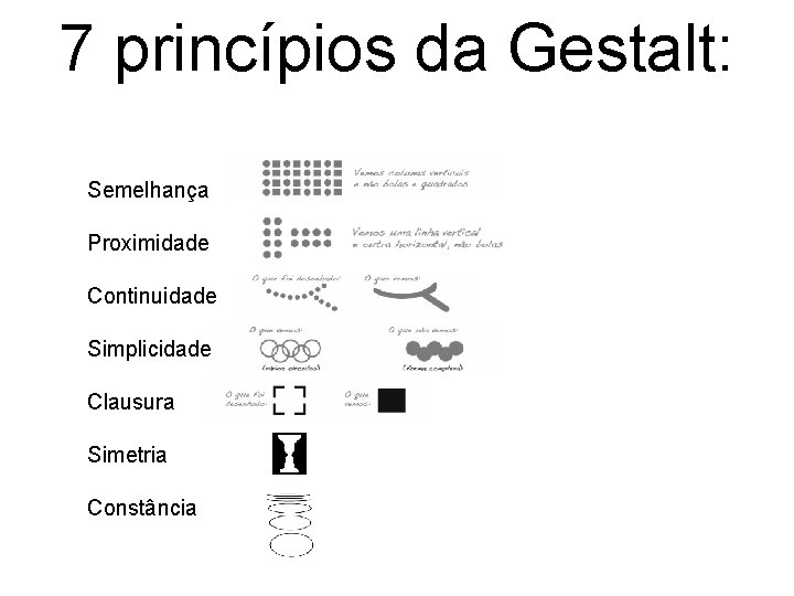 7 princípios da Gestalt: Semelhança Proximidade Continuidade Simplicidade Clausura Simetria Constância 