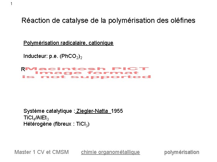 1 Réaction de catalyse de la polymérisation des oléfines Polymérisation radicalaire, cationique Inducteur: p.