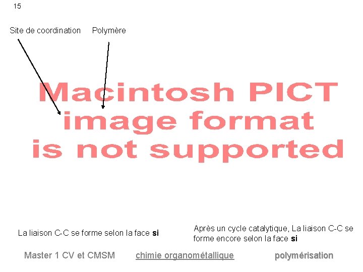 15 Site de coordination Polymère La liaison C-C se forme selon la face si