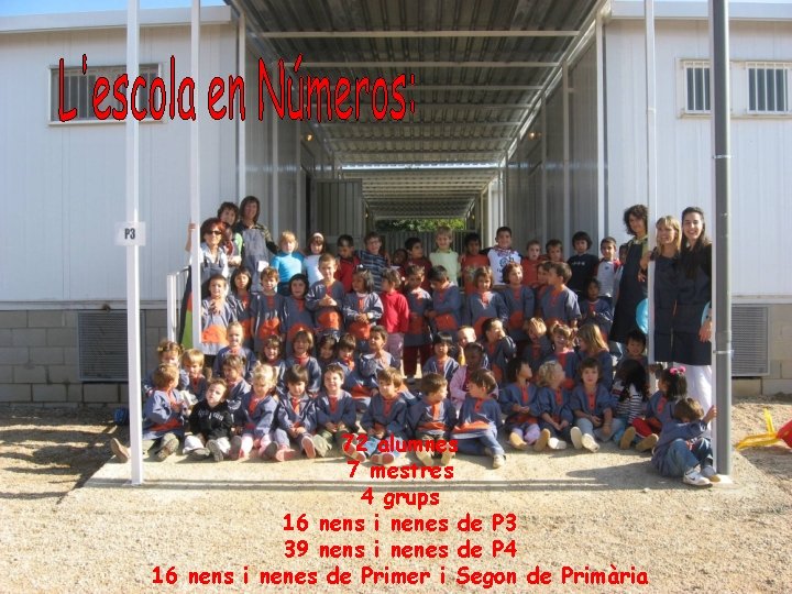 72 alumnes 7 mestres 4 grups 16 nens i nenes de P 3 39