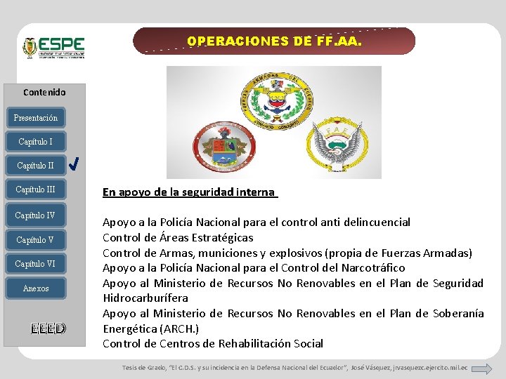 OPERACIONES DE FF. AA. Contenido Presentación Capítulo III En apoyo de la seguridad interna