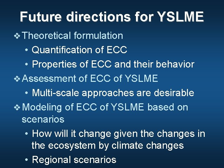 Future directions for YSLME v Theoretical formulation • Quantification of ECC • Properties of
