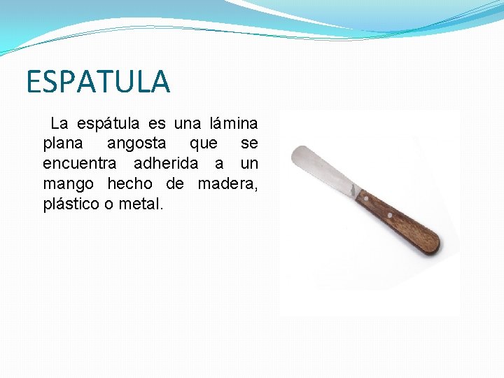 ESPATULA La espátula es una lámina plana angosta que se encuentra adherida a un ESPATULA La espátula es una lámina plana angosta que se encuentra adherida a un