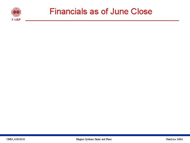 Financials as of June Close CM 14, 4/26/2010 Magnet Systems Status and Plans Gian.