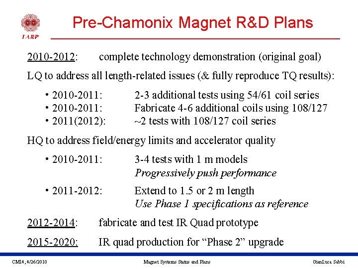 Pre-Chamonix Magnet R&D Plans 2010 -2012: complete technology demonstration (original goal) LQ to address