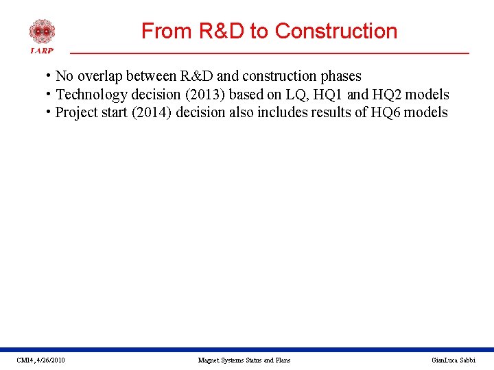 From R&D to Construction • No overlap between R&D and construction phases • Technology