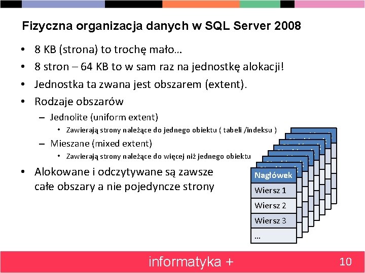 Fizyczna organizacja danych w SQL Server 2008 • • 8 KB (strona) to trochę