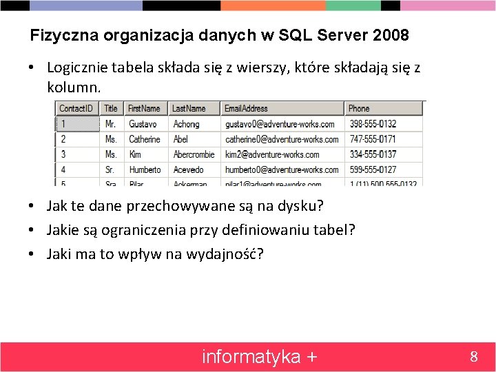 Fizyczna organizacja danych w SQL Server 2008 • Logicznie tabela składa się z wierszy,