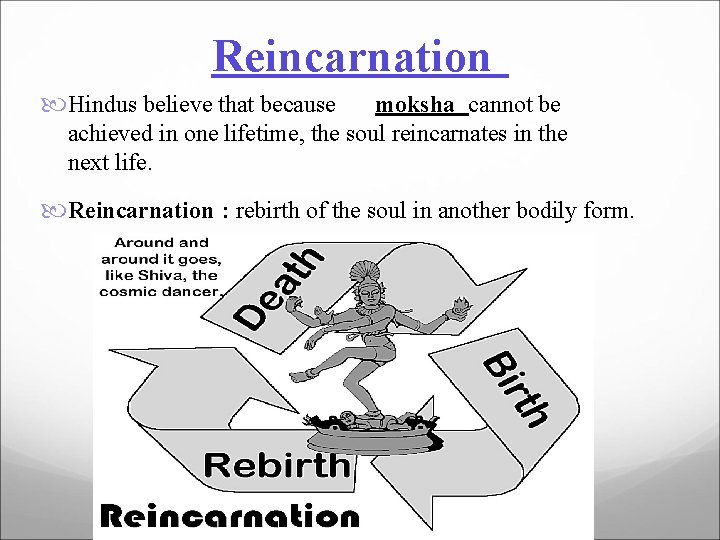 Reincarnation Hindus believe that because moksha cannot be achieved in one lifetime, the soul