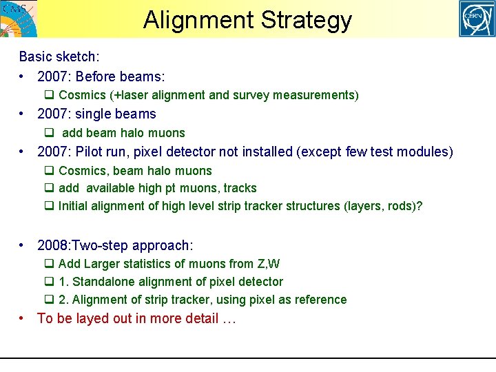 Alignment Strategy Basic sketch: • 2007: Before beams: q Cosmics (+laser alignment and survey