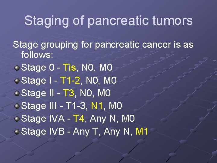 Staging of pancreatic tumors Stage grouping for pancreatic cancer is as follows: Stage 0