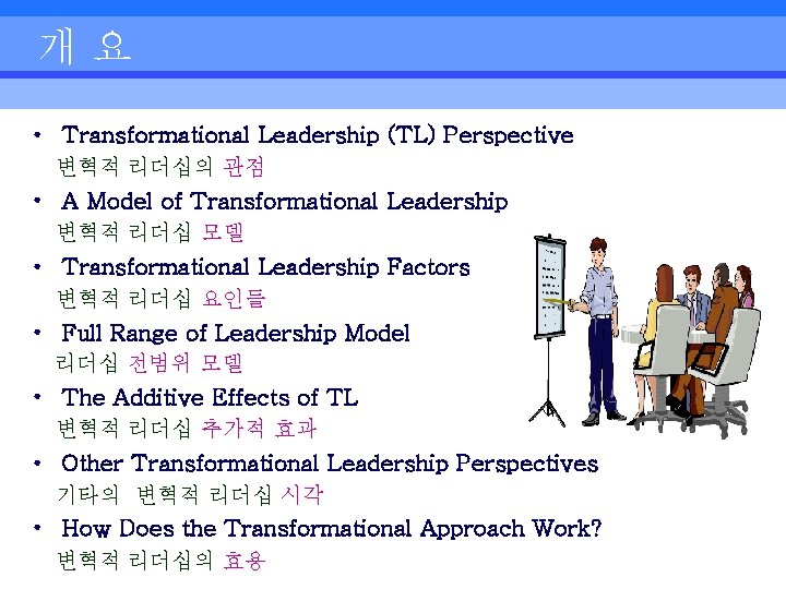 개요 • Transformational Leadership (TL) Perspective 변혁적 리더십의 관점 • A Model of Transformational