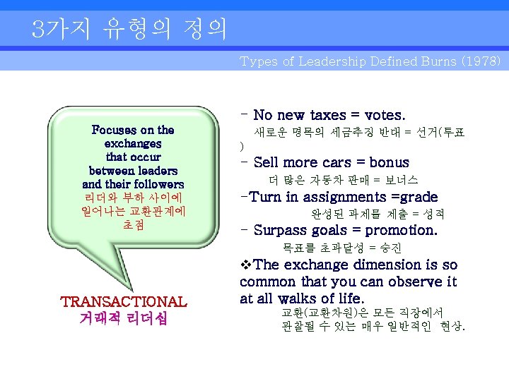 3가지 유형의 정의 Types of Leadership Defined Burns (1978) - No new taxes =