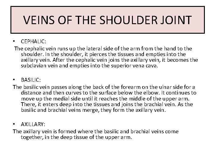 VEINS OF THE SHOULDER JOINT • CEPHALIC: The cephalic vein runs up the lateral