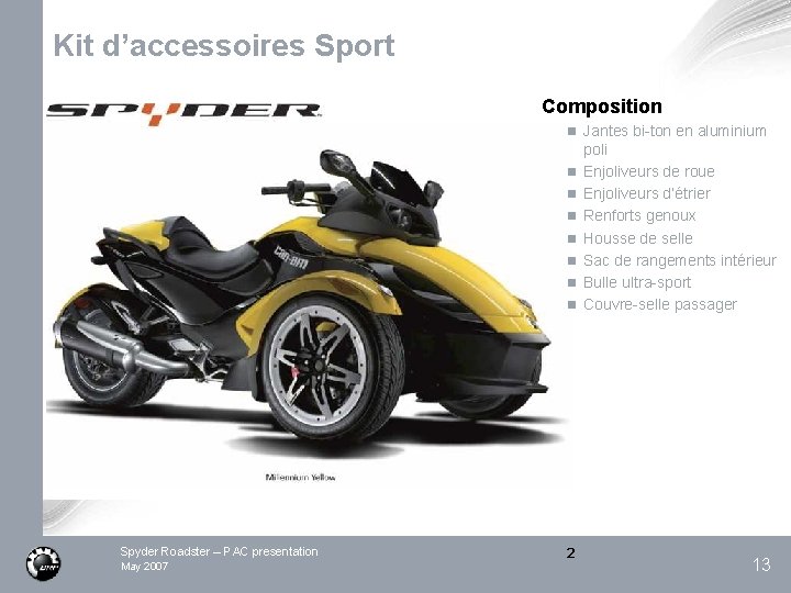 Kit d’accessoires Sport Composition n Jantes bi-ton en aluminium n n n n Spyder