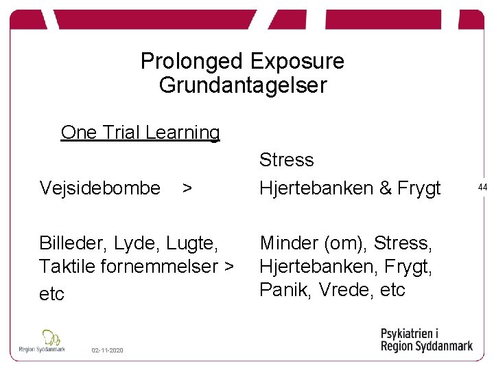 Prolonged Exposure Grundantagelser One Trial Learning Vejsidebombe > Billeder, Lyde, Lugte, Taktile fornemmelser >