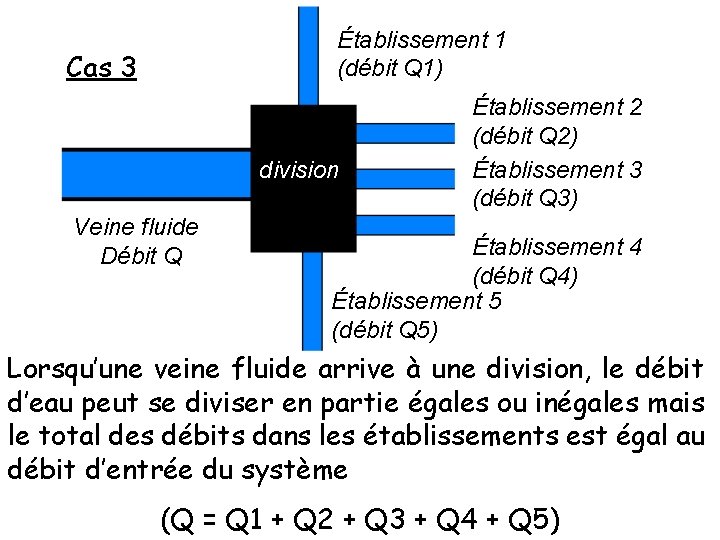 Établissement 1 (débit Q 1) Cas 3 division Veine fluide Débit Q Établissement 2