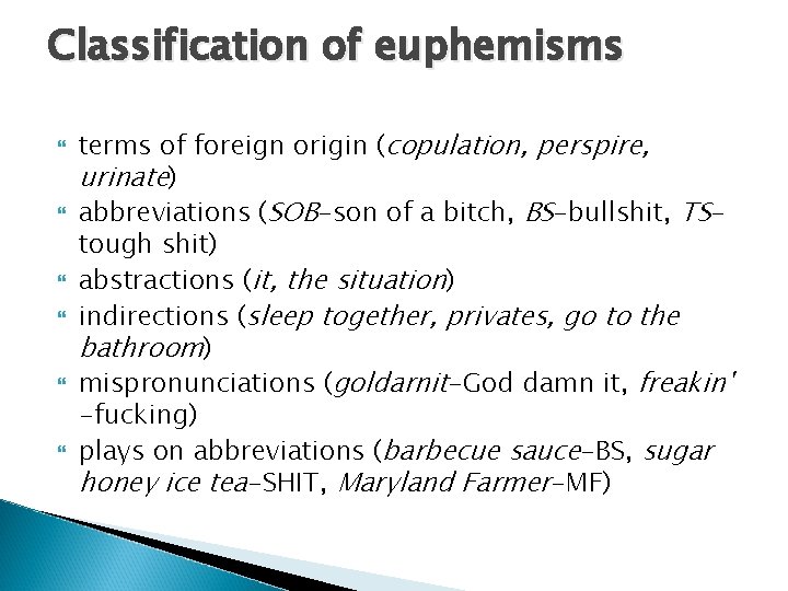 Classification of euphemisms terms of foreign origin (copulation, perspire, urinate) abbreviations (SOB-son of a