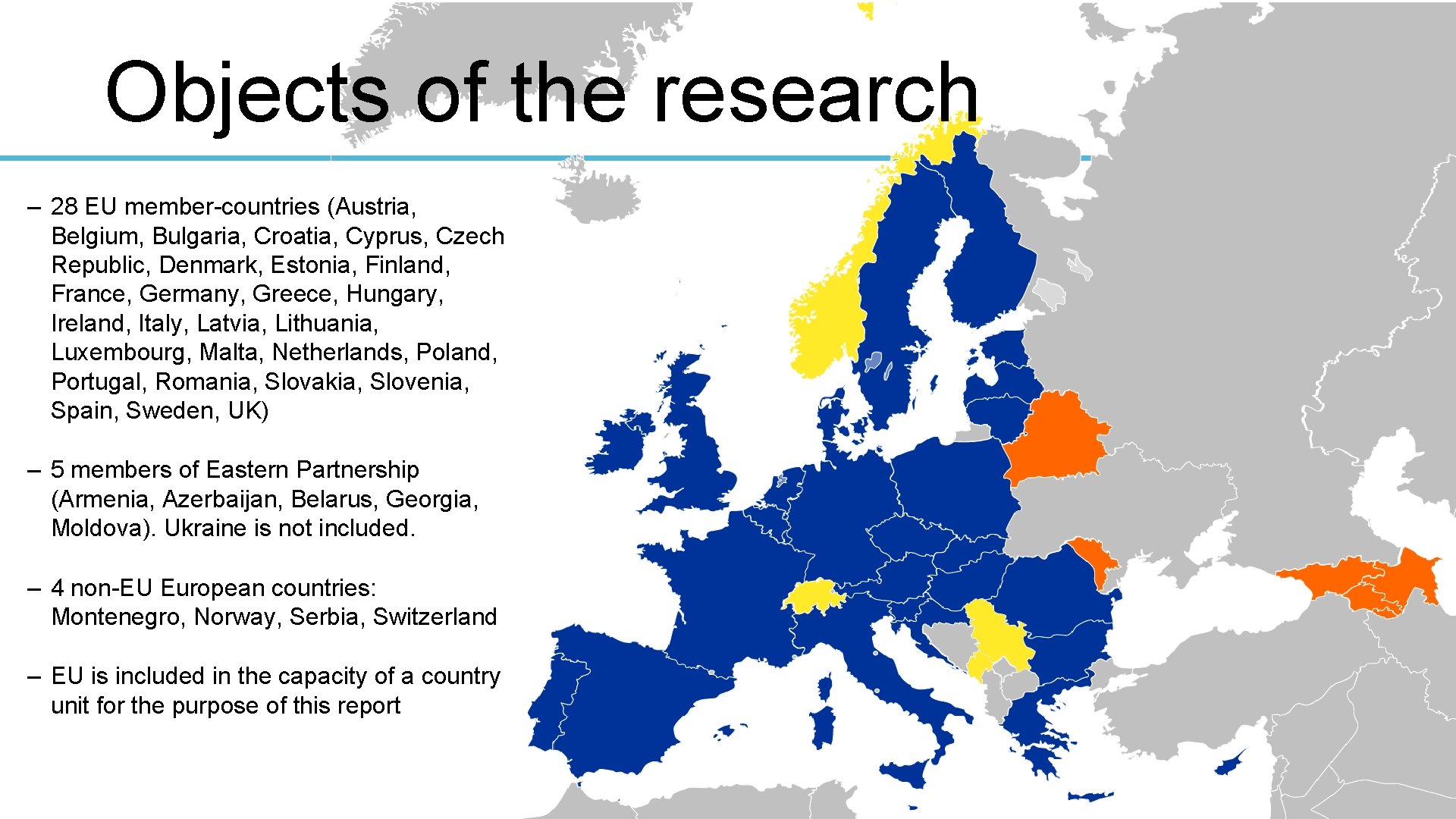 Objects of the research – 28 EU member-countries (Austria, Belgium, Bulgaria, Croatia, Cyprus, Czech