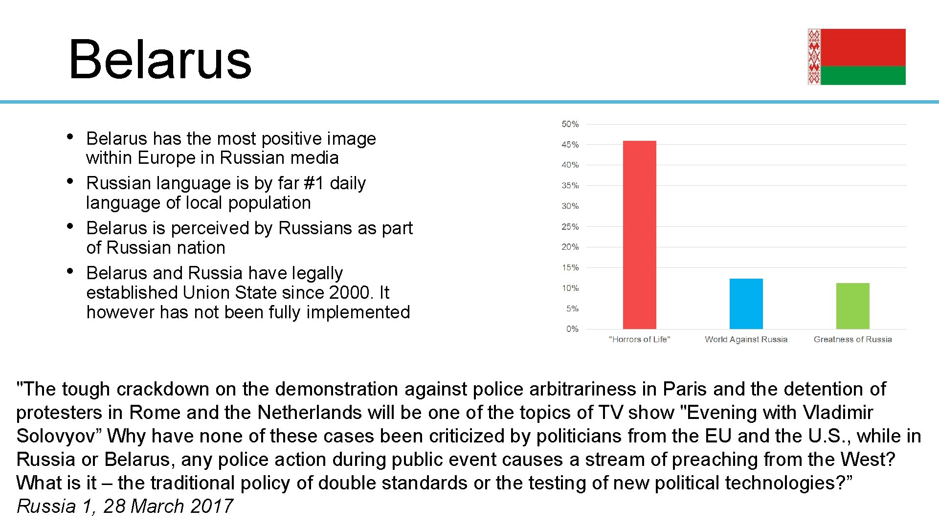 Belarus • • Belarus has the most positive image within Europe in Russian media