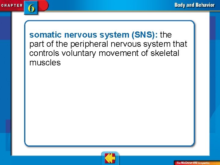 somatic nervous system (SNS): the part of the peripheral nervous system that controls voluntary