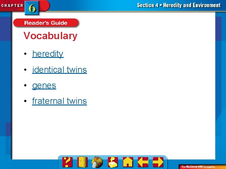 Vocabulary • heredity • identical twins • genes • fraternal twins 