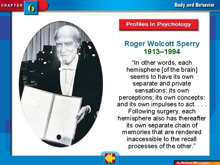 Roger Wolcott Sperry 1913– 1994 “In other words, each hemisphere [of the brain] seems