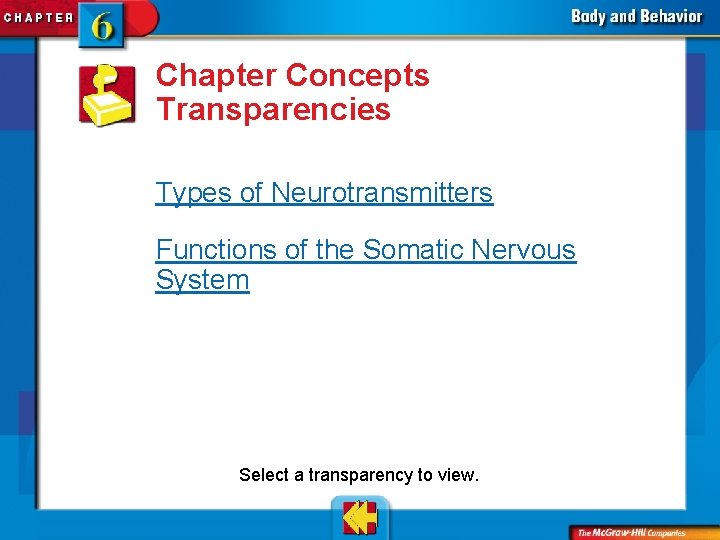 Chapter Concepts Transparencies Types of Neurotransmitters Functions of the Somatic Nervous System Select a