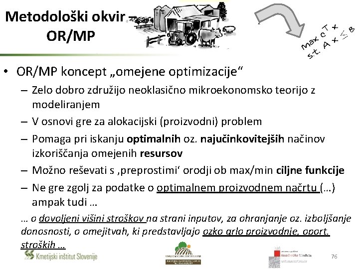 Metodološki okvir – OR/MP • OR/MP koncept „omejene optimizacije“ – Zelo dobro združijo neoklasično