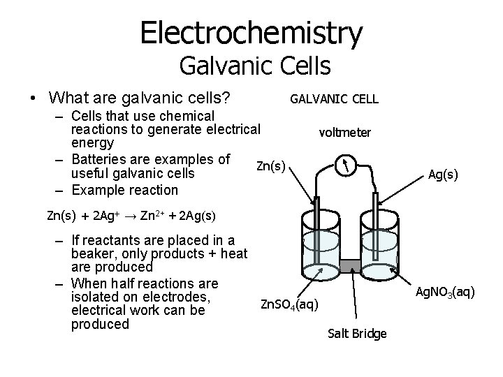 Electrochemistry Galvanic Cells • What are galvanic cells? GALVANIC CELL – Cells that use