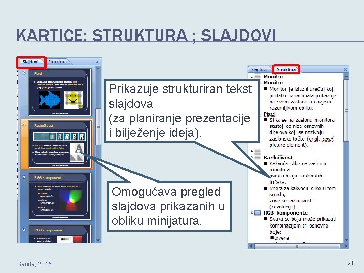 KARTICE: STRUKTURA ; SLAJDOVI Prikazuje strukturiran tekst slajdova (za planiranje prezentacije i bilježenje ideja).