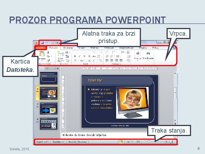 PROZOR PROGRAMA POWERPOINT Alatna traka za brzi pristup. Vrpca. Kartica Datoteka. Traka stanja. Sanda,