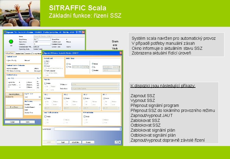 SITRAFFIC Scala Základní funkce: řízení SSZ Siem ens Urba Verk n ehrsr Traffi echn