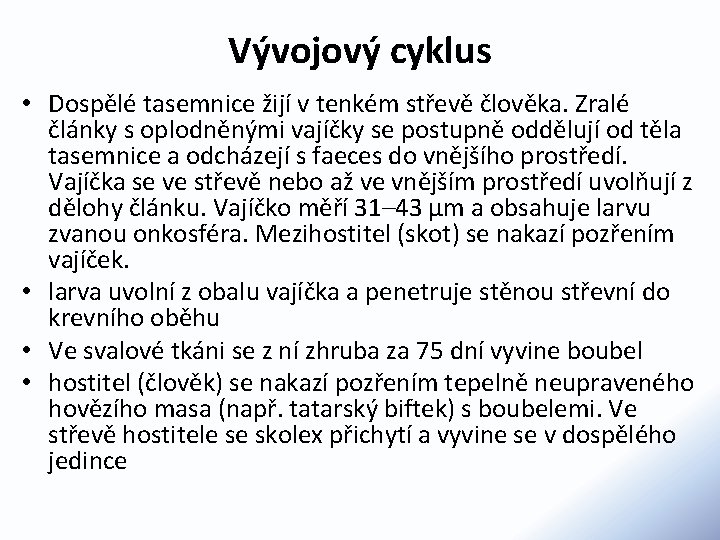 Vývojový cyklus • Dospělé tasemnice žijí v tenkém střevě člověka. Zralé články s oplodněnými