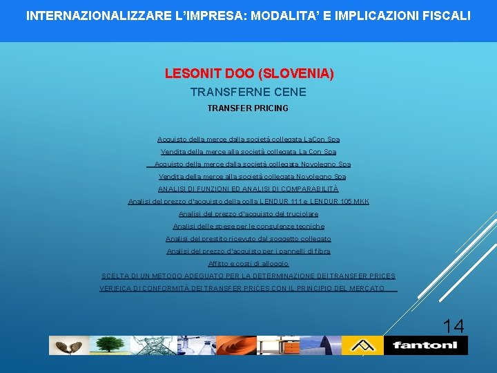 INTERNAZIONALIZZARE L’IMPRESA: MODALITA’ E IMPLICAZIONI FISCALI LESONIT DOO (SLOVENIA) TRANSFERNE CENE TRANSFER PRICING Acquisto