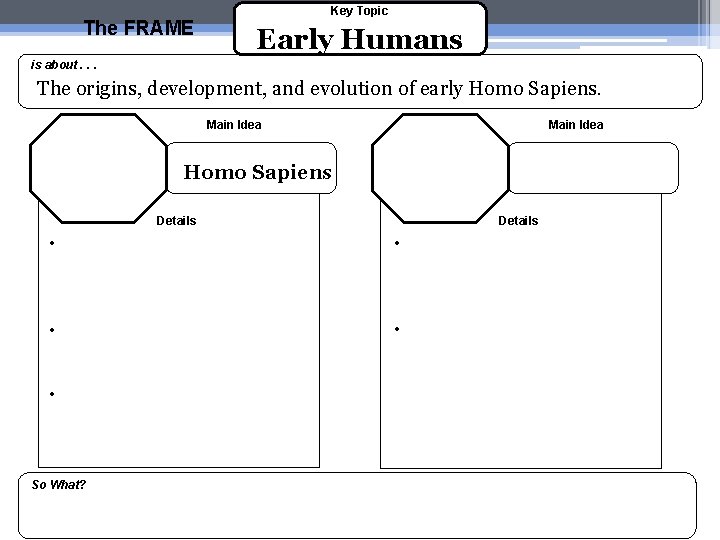 The FRAME Key Topic Early Humans is about. . . The origins, development, and