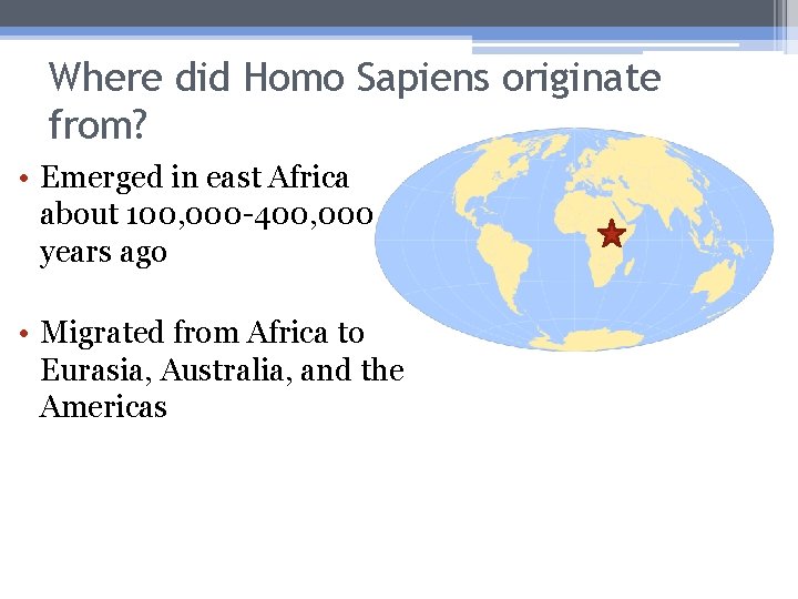 Where did Homo Sapiens originate from? • Emerged in east Africa about 100, 000