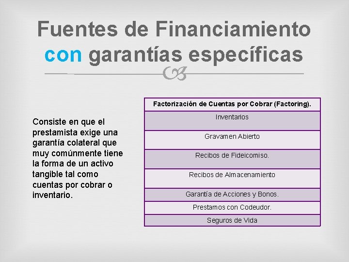 Fuentes de Financiamiento con garantías específicas Factorización de Cuentas por Cobrar (Factoring). Consiste en