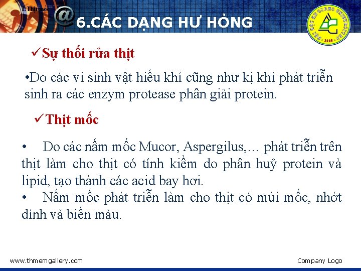 1. Thịt mốc 6. CÁC DẠNG HƯ HỎNG üSự thối rửa thịt • Do